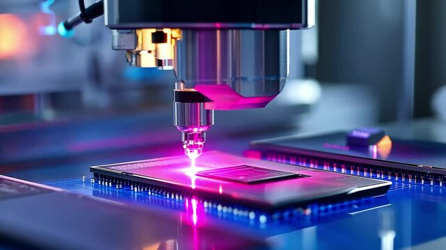Advanced semiconductor production line showcasing precision laser processing in a modern facility, Advanced semiconductor production line in action, showcasing chip manufacturing