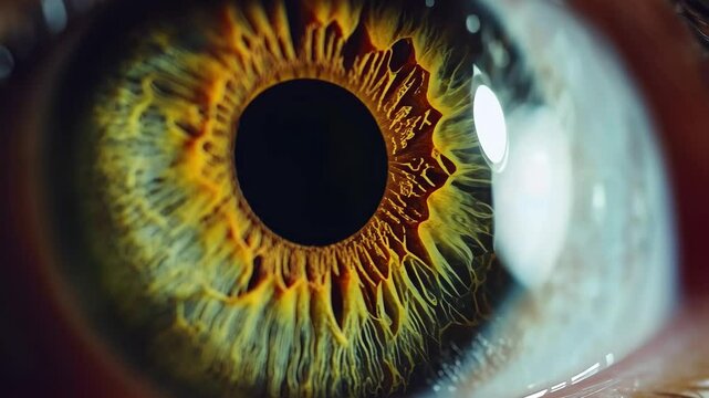 Close up view of a human eye iris showcasing details of the pupil and intricate patterns, Human eye iris opening pupil extreme close up slow motion 60fps