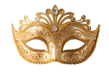 PNG Ornate gold masquerade mask with intricate designs and gem