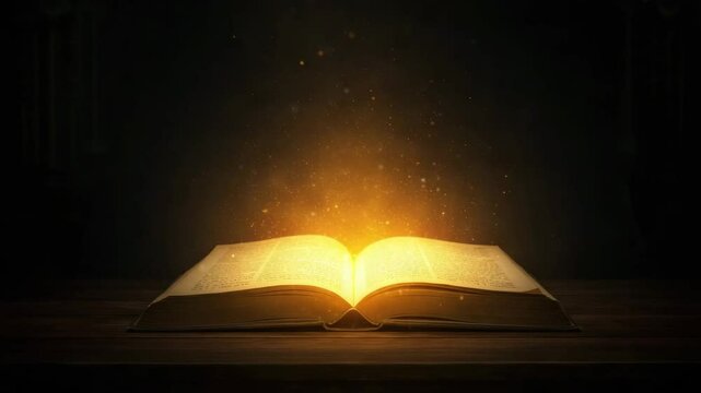 Open book emitting golden light on dark wooden table