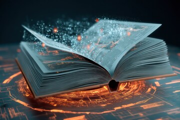 Fototapeta premium Open book with holographic interface, representing the futuristic evolution of education.