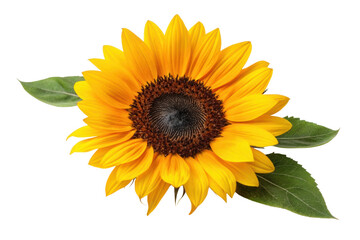 Fototapeta premium PNG Vibrant yellow sunflower with green leaves isolated on white background