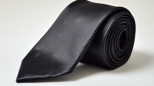 Elegant black striped silk necktie with rolled design on white background