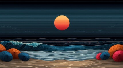 Sunset serenity at the beach coastal landscape digital artwork tranquil atmosphere vibrant colors