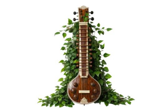 PNG Traditional indian sitar with green foliage on black background