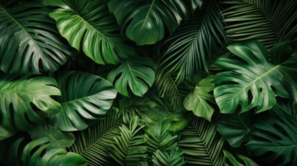 Lush Tropical Green Monstera Leaves Background