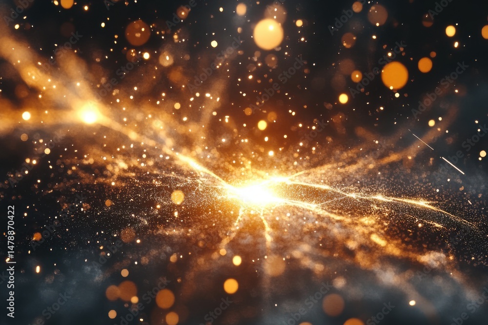 Poster abstract gold sparkles explosion background with bokeh lights in a dark space, fantasy concept