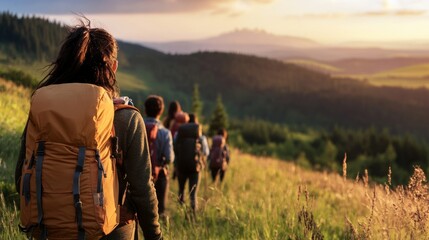 A digital detox retreat scene with a group of people hiking, enjoying nature without phones,
