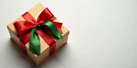Obraz premium A wooden gift box adorned with a vibrant red and green satin ribbon bow, signifying a thoughtful present