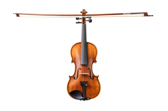 PNG Classic wooden violin with bow on black background