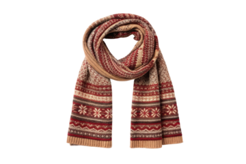 PNG Warm knitted winter scarf with red and beige nordic patterns for seasonal comfort