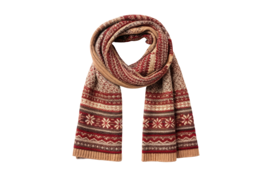 PNG Warm knitted winter scarf with red and beige nordic patterns for seasonal comfort