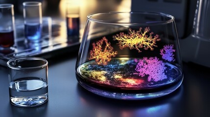 Scientific experiment showcasing colorful microbial growth in laboratory glassware modern setting close-up view