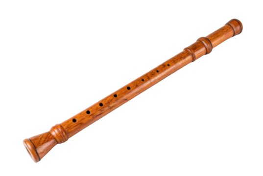 PNG Wooden recorder flute on black background with detailed holes and textured surface