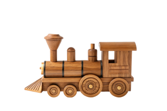 PNG Handcrafted wooden toy train engine with detailed design on white background