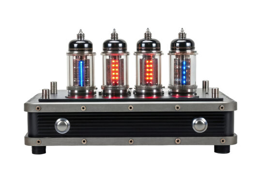 PNG Retro vacuum tube amplifier with glowing thermionic tubes and modern design
