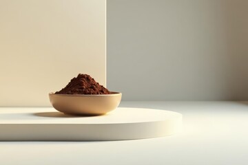 A heaping bowl of rich cocoa powder sits on a minimalist display, ready for baking or blending.