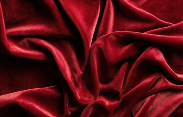 Fototapeta premium Close-up view of rich maroon velvet fabric draped in folds.