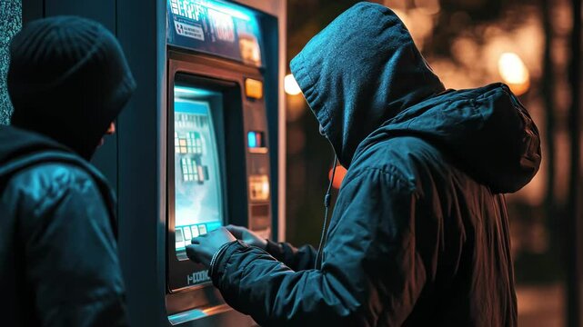 Suspicious individuals attempt theft near ATM at night in urban area, CCTV footage of suspicious males stealing from man at ATM machine