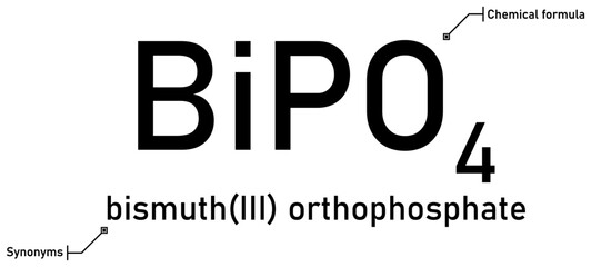 Bismuth(III) orthophosphate chemical formula and synonyms with callout titles
