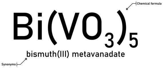 Bismuth(III) metavanadate chemical formula and synonyms with callout titles