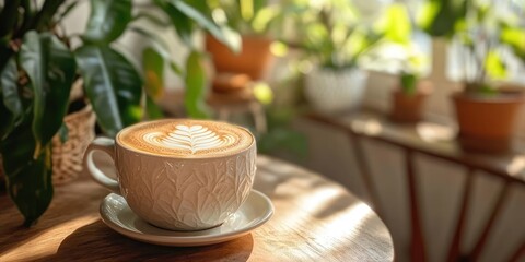 Cozy caf? latte, sunlight streams through plants