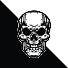 Vintage Skull Head Illustration, Monochrome Hand-Drawn Style for Tattoo, Sticker, or Gothic Design
