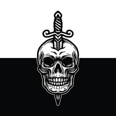 Skull with Sword Illustration, Vintage Monochrome Gothic Tattoo Style Vector for Dark Art, Sticker, or Apparel Design