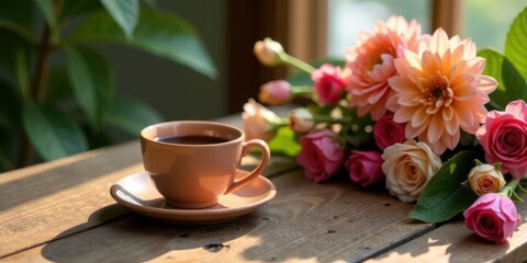 Aromatic Coffee Beside a Bouquet of Delicate Pastel Flowers on a Rustic Wooden Table