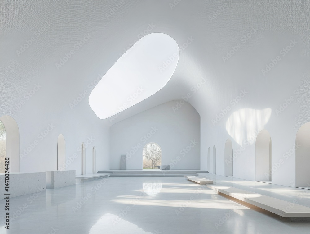 Poster minimalist architecture interior view with natural light from oval skylight and arched openings in a
