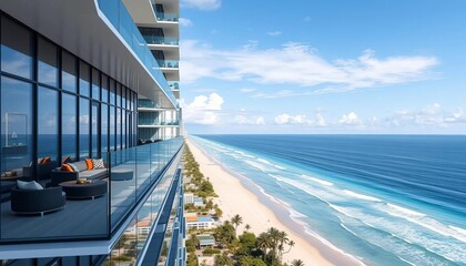 Sleek glass balconies extend from a modern high-rise condo, offering breathtaking oceanfront views, waterfront, blue