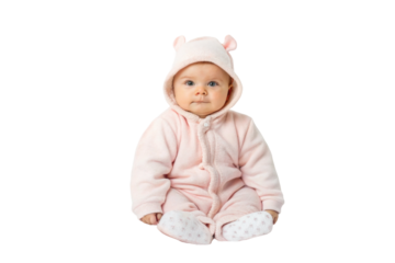 PNG Adorable caucasian baby in pink bear costume on black background