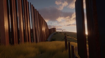 Fototapeta premium Sunset view of a modern border wall.