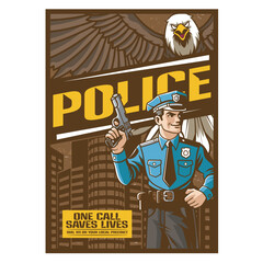 Vector Illustration of Police Carrying Gun with Eagle in Retro Vector Illustration Available for Poster