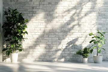 Interior design featuring potted plants against a white brick wall with sunlight streaming through the window in a modern style