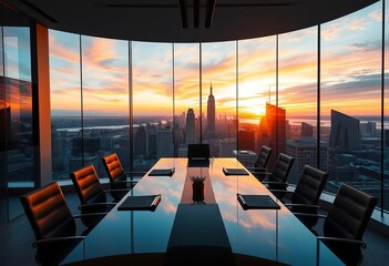 Sleek modern boardroom overlooking stunning cityscape at sunset, architecture, design