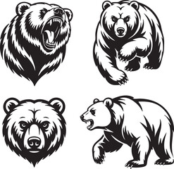 Fototapeta premium Four powerful bear head and body designs, perfect for logos or wildlife illustrations.
