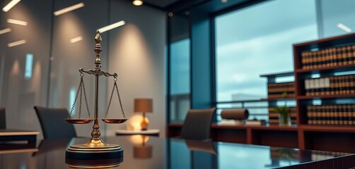 Sleek modern law office with scales of justice, technology subtly integrated, judgment, futuristic