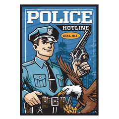 Vector Illustration of Police Carrying Gun with Eagle in Retro Vector Illustration Available for Poster
