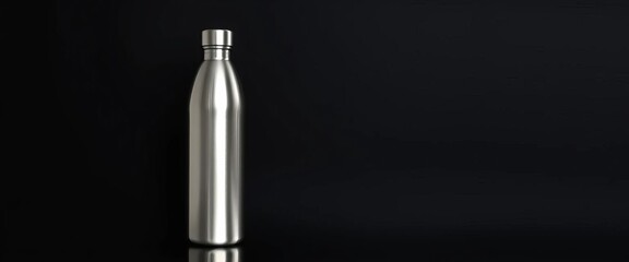 Fototapeta premium Sleek silver water bottle against a stark black backdrop, template, liquid