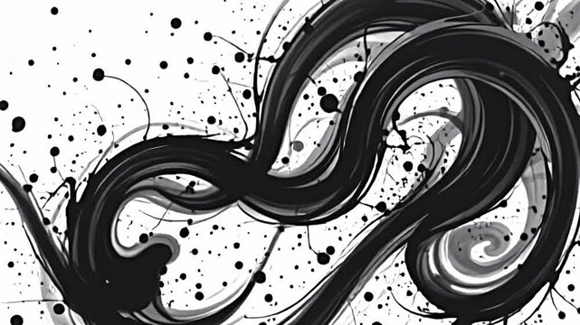 an abstract black white design featuring dynamic swirling patterns that resemble intertwined loops splashes. composition characterized fluid organic shapes that evoke sense of movement...