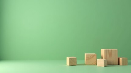 Simple Wooden Cubes Arranged on a Green Background, Ideal for Product Display or Minimalist Design Projects