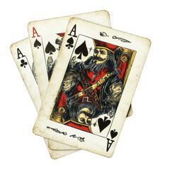 Vintage pirate themed playing cards with aces of spades, intricate designs and weathered look concept, isolated on transparent background.