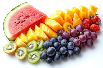 Colorful arrangement of freshly sliced fruits including watermelon, grapes, and strawberries