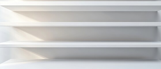 Obraz premium Minimalist White Shelves Displaying Abstract Architecture with Soft Light and Shadow Play for Product Mockups