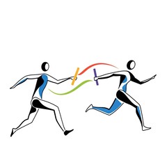 Stylized relay race runners passing baton in motion illustration