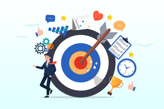 Businessman with target bullseye and goal elements, goals setting, target achievement, focus on success outcome, planning to reach target bullseye, measurable result or clarity motivation concept