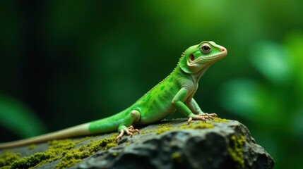 Fototapeta premium A Vibrant Green Lizard Perched on a Mossy Rock, Basking in the Lush Green Foliage of its Natural Habitat