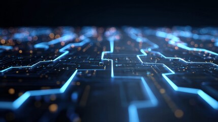 Futuristic blue circuit lines on geometric tech background, symbolizing digital innovation and advanced technology
