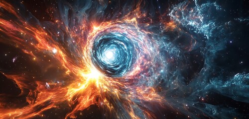 Cosmic energy explosion with radiant plasma bursts deep-space vortex and shimmering aurora rings
